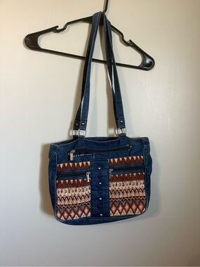 Canyon Sky Southwestern Denim Tote Bag Woven Geometric Aztec Panel Purse